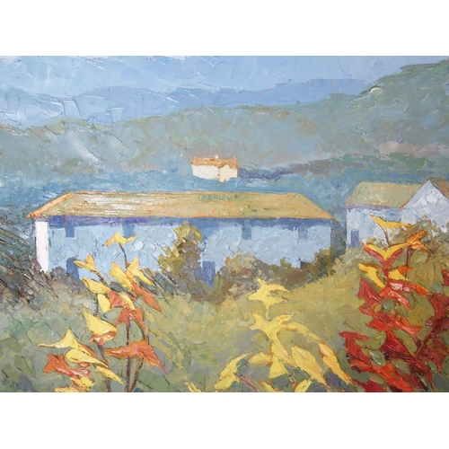 1111 - Alan Cotton (b.1936), 'Piemonte _ Farm Buildings through Autumn Vines, labelled verso, 71x56cm, fram... 