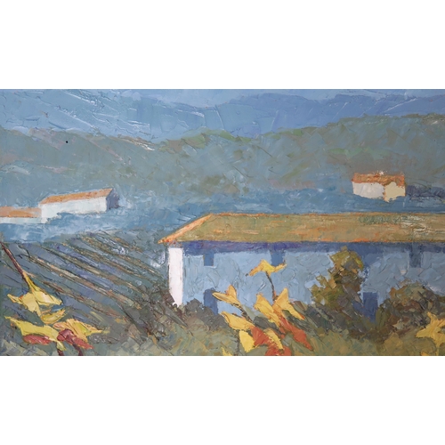 1111 - Alan Cotton (b.1936), 'Piemonte _ Farm Buildings through Autumn Vines, labelled verso, 71x56cm, fram... 