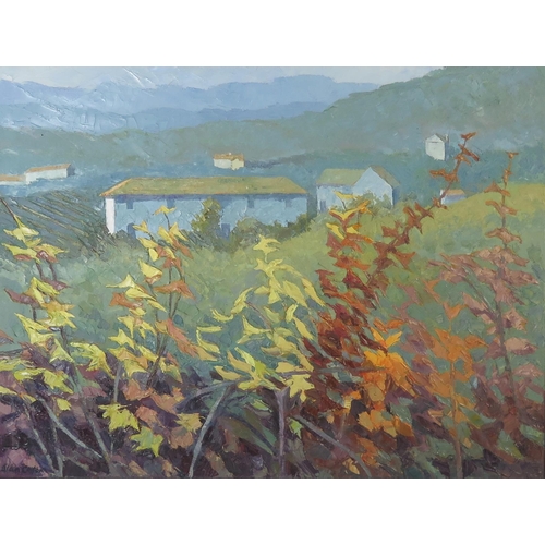 1111 - Alan Cotton (b.1936), 'Piemonte _ Farm Buildings through Autumn Vines, labelled verso, 71x56cm, fram... 