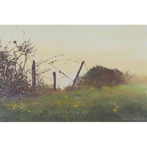 1114 - Pamela Derry SWA, British (1932-2002), The Fence, oil on board, 44x29cm, framed