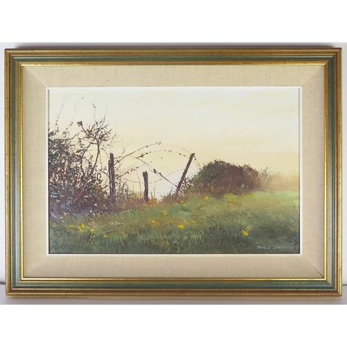 1114 - Pamela Derry SWA, British (1932-2002), The Fence, oil on board, 44x29cm, framed