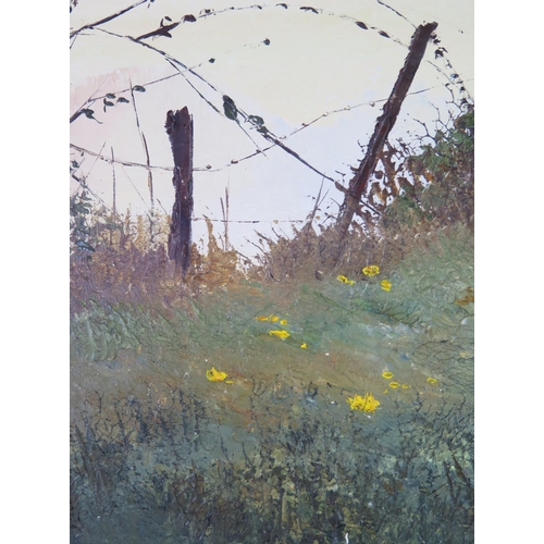 1114 - Pamela Derry SWA, British (1932-2002), The Fence, oil on board, 44x29cm, framed