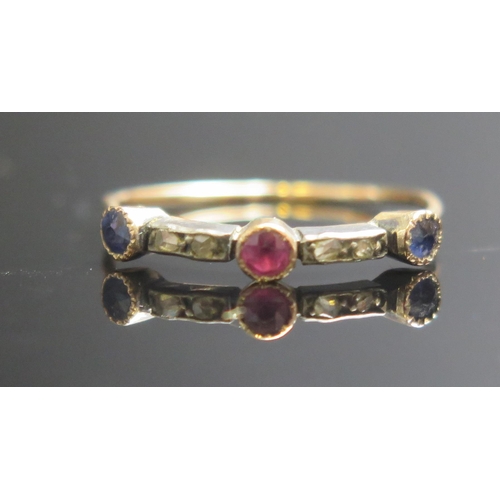 123 - An Antique Ruby, Sapphire and Diamond Ring in a precious yellow metal setting, size M.5, .85g