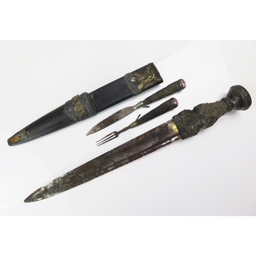 1568 - A regimental dirk, with 29.5cm fullered blade, with ebonised basket weave hilt with cairngorm pommel... 