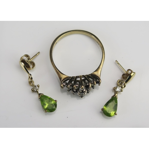 165 - A Pair of 9ct Gold CZ and Blue Stone Ring (hallmarked, size P, 2.42g) and a pair of Peridot pendant ... 