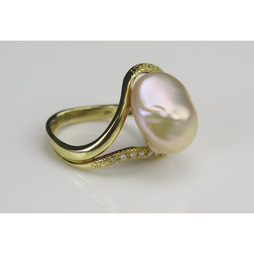 172 - An 18ct Gold, Baroque Pearl or Cultured Pearl and Diamond Ring, 19.5mm head, stamped 18K, .2ct of di... 