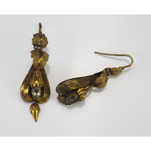 213 - A Pair of Victorian Precious Yellow Metal and Stone Set Earrings, 44.6mm drop (one missing bottom su... 