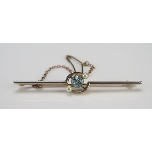 240 - A Precious Yellow Metal, Zircona and Seed Pearl or Cultured Seed Pearl Brooch, 50.8mm long, KEE test... 