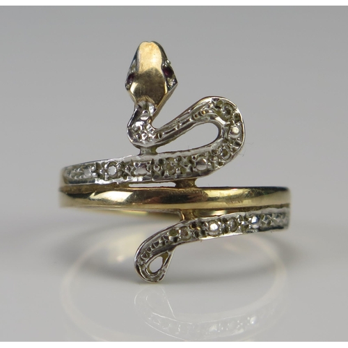 248 - A 9ct Gold, Ruby and CZ Snake Ring, size O, hallmarked, 2.67g