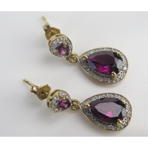 279 - A Pair of 9ct Gold, Rhodolite Garnet and Diamond Pendant Earrings, 22.6mm drop, hallmarked, 2.8g