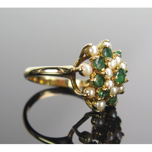 3 - A Modern 9ct Gold, Green Stone and Cultured Pearl Cluster Ring, 16.4mm head, size K.5, hallmarked, 4... 