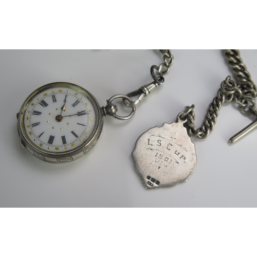 410 - A Silver Cased Open Dial Fob Watch (39mm case) on a hallmarked heavy silver Albert with T-bar and fo... 