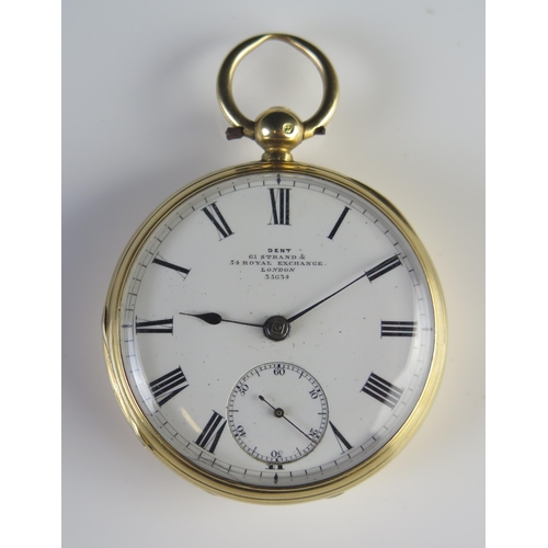 424 - A Dent 18ct Gold Cased Open Dial Keywound Pocket Watch, 44.75mm case, chain driven fusee verge movem... 