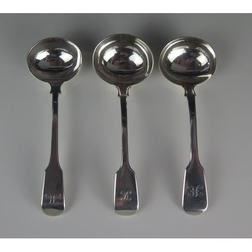 542 - Three assorted silver sauce ladles, various makers and dates, all initialled, 179gms, 5.77ozs