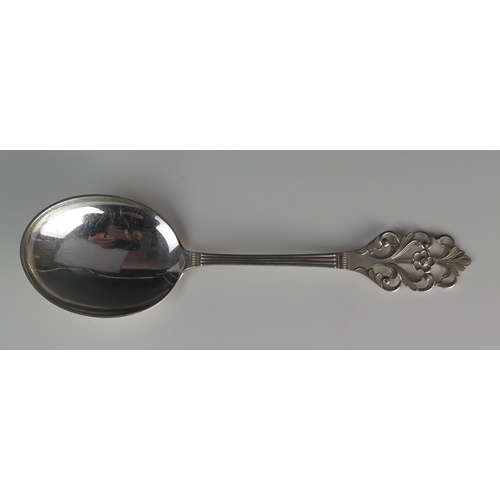 545 - A Norwegian silver spoon, stamped marks 830S maker Thorvald Marthinsen, the circular bowl with reede... 