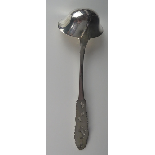 547 - A Norwegian silver ladle, stamped marks, 830S for Brodrene Mylius, with oval-shaped bowl on a pierce... 