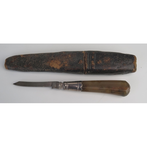 702 - An early 19th century fruit knife with steel blade silver collar and polished agate handle, containe... 