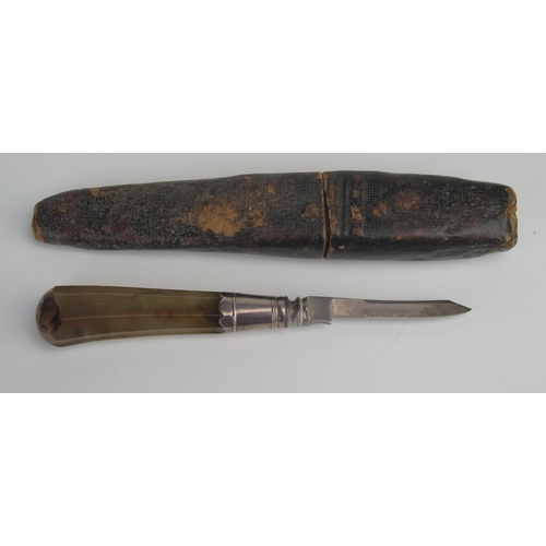 702 - An early 19th century fruit knife with steel blade silver collar and polished agate handle, containe... 