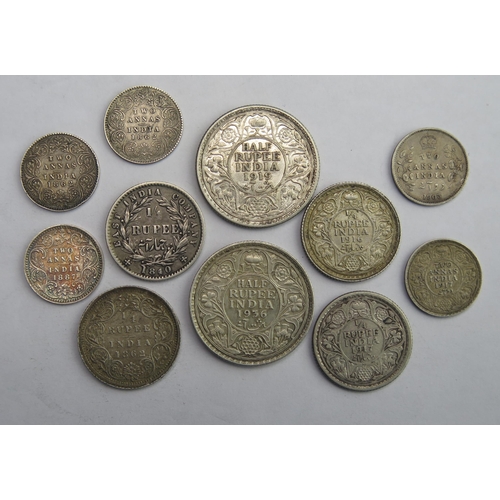 808 - Indian 1/2 Rupee 1919 / 36, 1/4 Rupee 1840 / 62-1916.  1917 with 2 Annas x 5