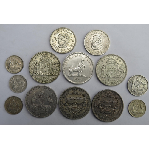 810 - Australia Florins 1917, 2 x 1927, 1954 / 60 / 63 with 61 / 62 shillings / 1910 / 36 sixpence, silver... 