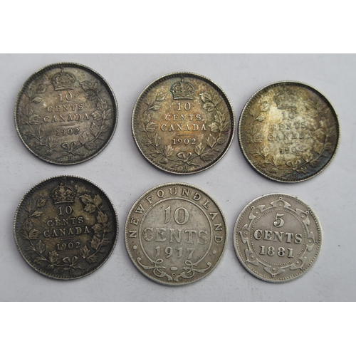 813 - Canadian 4 x higher grade 1902 10 cents with Newfoundland 1881 5 cents + 1917 10 cents