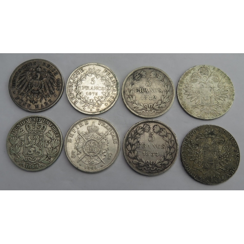 817 - Franc 1834 / 42 / 69 / 75 5 Franc coins with 2 x Maria Theresa Thalers, 1907 German 5 Mark and 1869 ... 