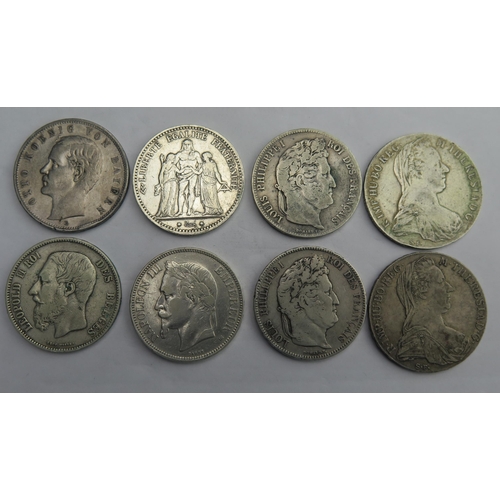 817 - Franc 1834 / 42 / 69 / 75 5 Franc coins with 2 x Maria Theresa Thalers, 1907 German 5 Mark and 1869 ... 