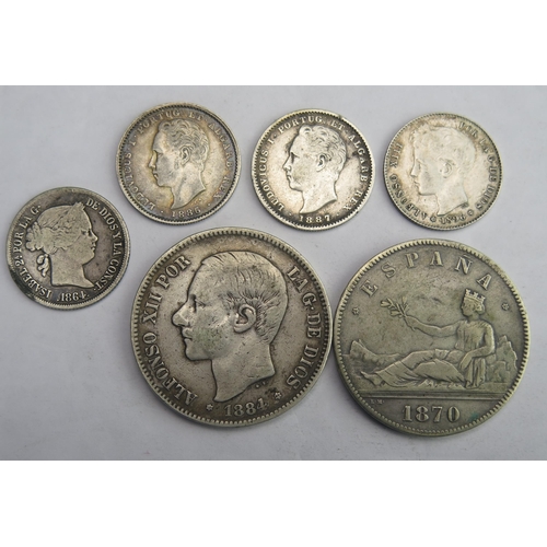 820 - Spain / Portugal 1870 (replica) and 1884 Spanish 5 pesetas with 1864 40 cent, 1896 Peseta, 1886 / 18... 