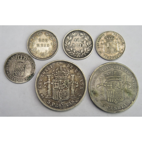 820 - Spain / Portugal 1870 (replica) and 1884 Spanish 5 pesetas with 1864 40 cent, 1896 Peseta, 1886 / 18... 