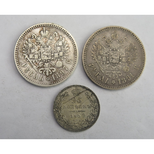 828 - 2 x Russian Roubles 1891 / 97 with 1859 25 Kopeks