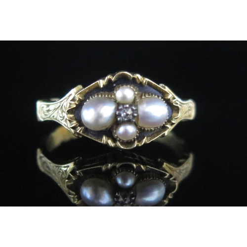 83 - An Early Victorian 18ct Gold, Enamel, Pearl or Cultured Pearl and Old Cut Diamond Memorial Ring, 9.5... 