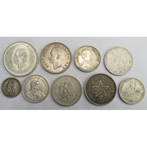 832 - Thailand Silver Baht, Yun Nan 1/2 dollar, Moroccan 500 Francs, 1952 Mexican 5 Pesos, Peru 1907 1/2 s... 