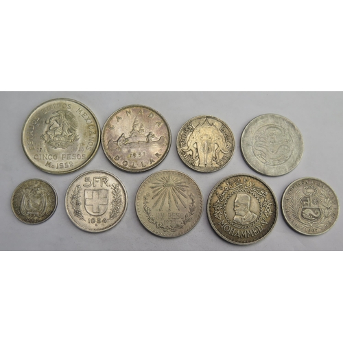 832 - Thailand Silver Baht, Yun Nan 1/2 dollar, Moroccan 500 Francs, 1952 Mexican 5 Pesos, Peru 1907 1/2 s... 