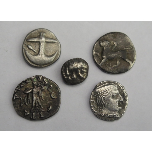 846 - 3 Greek coins including drachm showing anchor silver diobol with fore part of boar and dover plus In... 