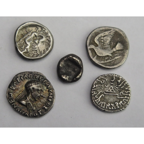 846 - 3 Greek coins including drachm showing anchor silver diobol with fore part of boar and dover plus In... 