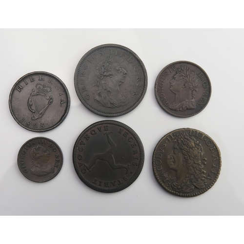 854 - Irish 1689 Gun Money Half Crown with 1805 penny, 1805 and 1822 halfpenny, 1806 Farthing, 1786 Isle o... 