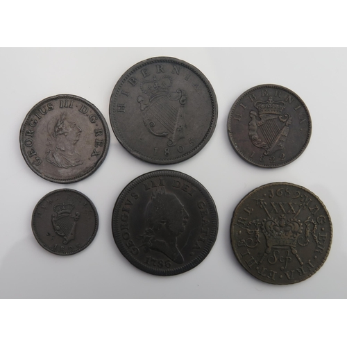 854 - Irish 1689 Gun Money Half Crown with 1805 penny, 1805 and 1822 halfpenny, 1806 Farthing, 1786 Isle o... 