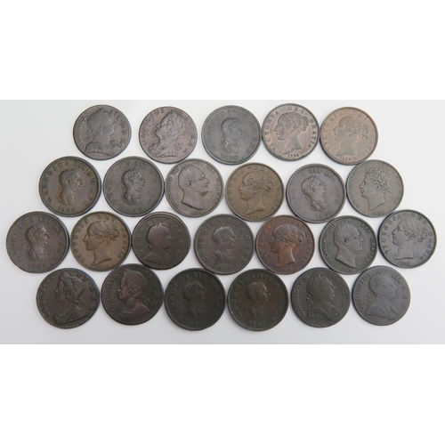 856 - 23 copper halfpennies 1720 / 40 / 33 / 49 / 74 / 75 / 72, 6 x 1806, 2 x 1807, 1826 / 31 / 34 / 55 x ... 