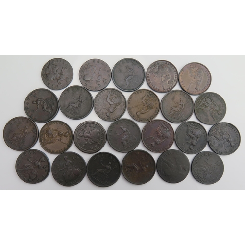 856 - 23 copper halfpennies 1720 / 40 / 33 / 49 / 74 / 75 / 72, 6 x 1806, 2 x 1807, 1826 / 31 / 34 / 55 x ... 