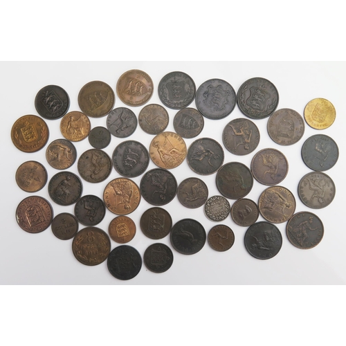 857 - Two sheets of coins including copper and bronze halfpennies, Victorian pennies with Channel Island c... 