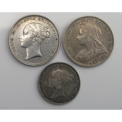 859 - Higher grade 1843 shilling (scarce date) with 1896 shilling and higher grade 1866 sixpence