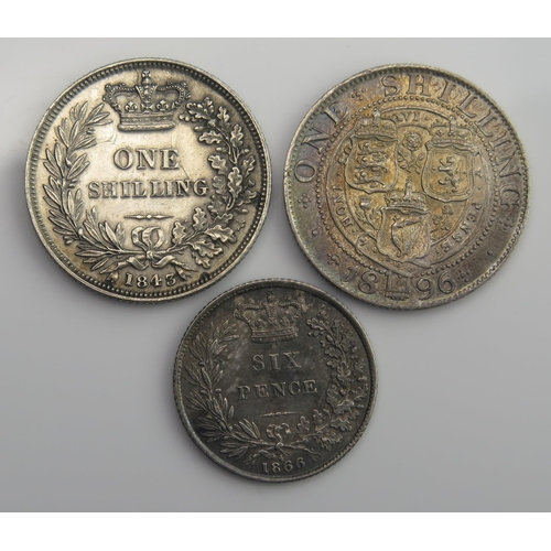 859 - Higher grade 1843 shilling (scarce date) with 1896 shilling and higher grade 1866 sixpence