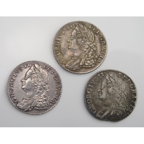 862 - 3 x George II shillings, 1758 x 2, 1745 (roses in angels)