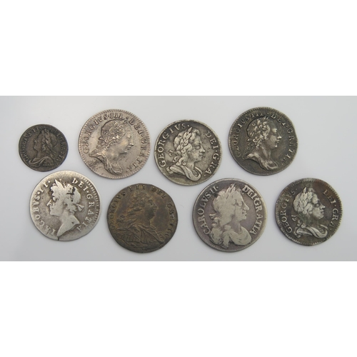 866 - 6 x 3d.  1687 / 1721 / 1723 / 1762 x 2 / 1795 with 1683 fourpence and 1759 penny