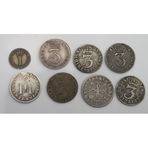 866 - 6 x 3d.  1687 / 1721 / 1723 / 1762 x 2 / 1795 with 1683 fourpence and 1759 penny