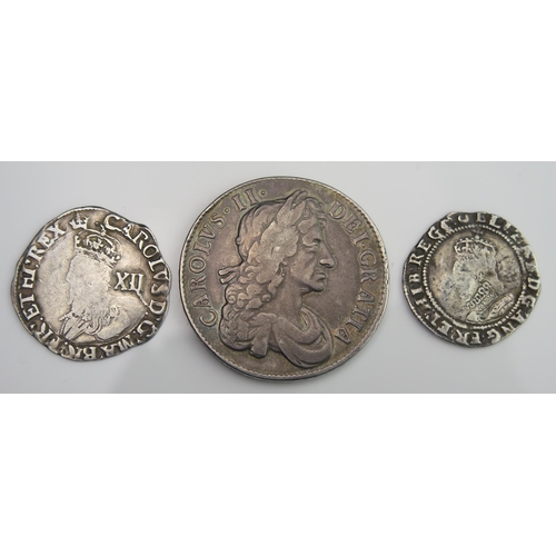 935 - A Charles II 1680 Silver Crown, a Charles I hammered silver shilling and an Elizabeth I silver sixpe... 