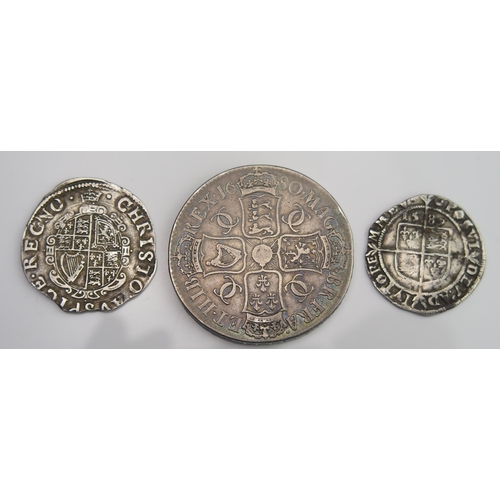 935 - A Charles II 1680 Silver Crown, a Charles I hammered silver shilling and an Elizabeth I silver sixpe... 