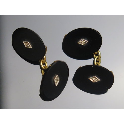 94 - A Pair of 15ct Gold, Onyx and Old Cut Diamond Cufflinks, 14.8x11mm heads, stamped 15CT, 5.81g