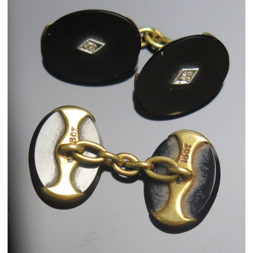 94 - A Pair of 15ct Gold, Onyx and Old Cut Diamond Cufflinks, 14.8x11mm heads, stamped 15CT, 5.81g