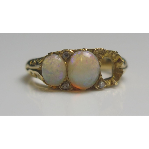 95 - An Antique 18ct Gold, Opal and Rose Cut Diamond Ring, c. 6.6x5.5mm central stone, size I.5, stamped ... 